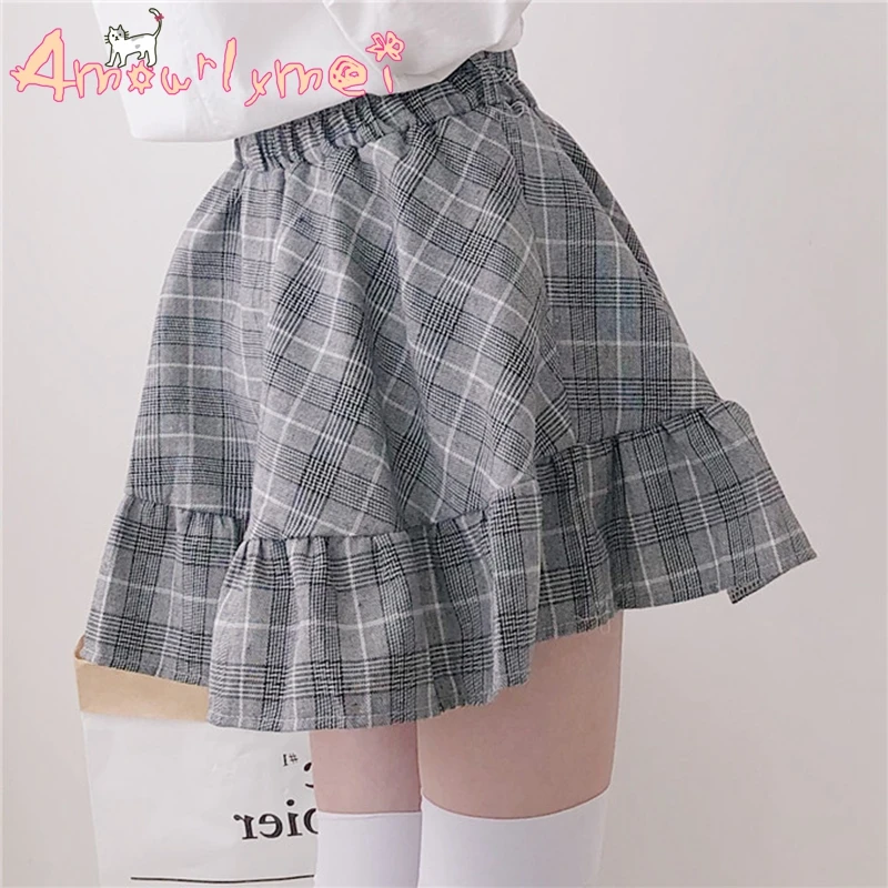 Новая весенне-осенняя Женская юбка в японском стиле Mori Girl, ретро клетчатая юбка с завышенной талией в консервативном стиле, Милая юбка в стиле Лолиты, бальное платье, Saias
