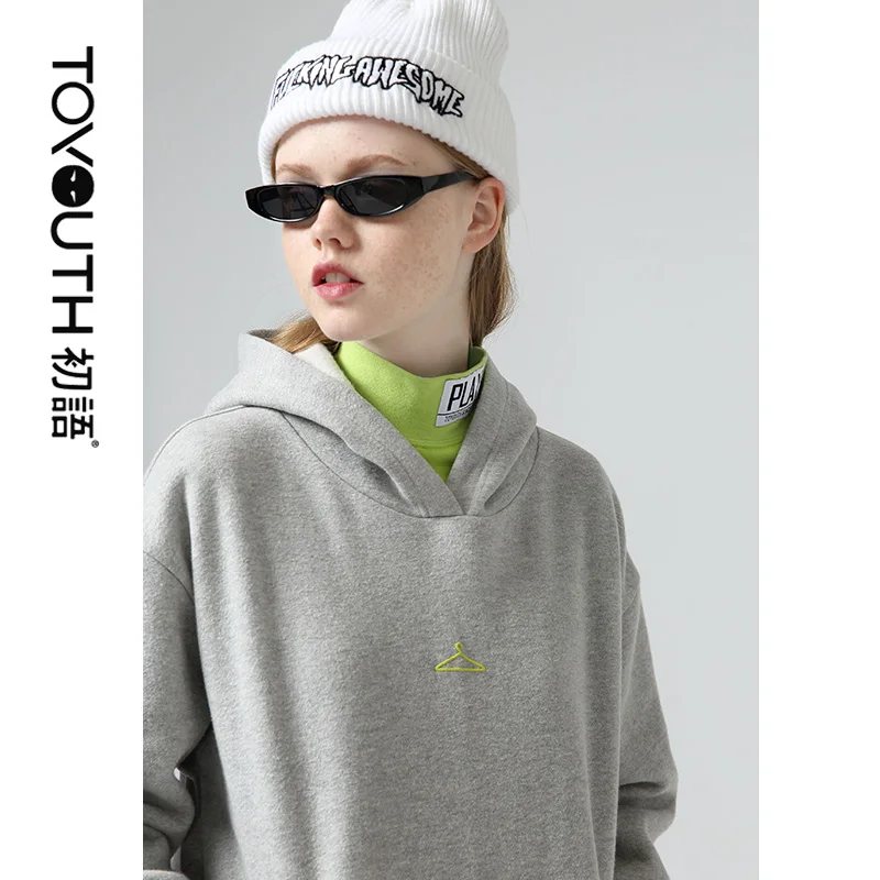  Toyouth Chic Style Printed Hooded Sweatshirts Loose Long Sleeve Hoodies Women Multicolor Solid Pull