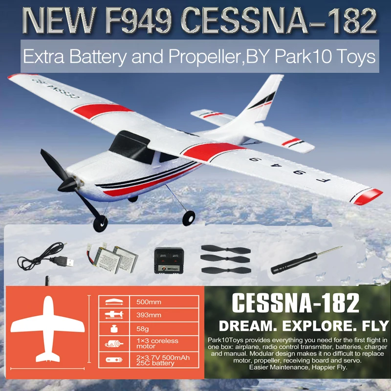 Vue de face de l'avion RC Cessna 182 EPP 3 moteurs, montrant son nez et son hélice, parfait pour débutant et intermédiaire.