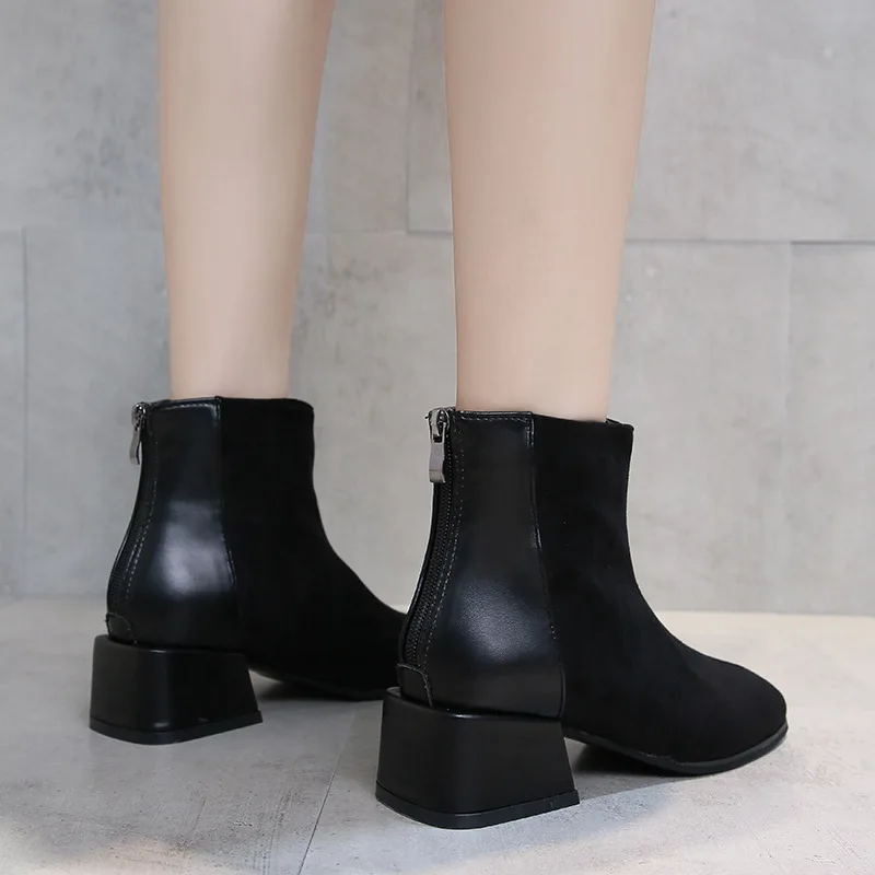 

Casual Short Boots Women's Spring And Autumn Single Boots British Style Fashion Chunky-Heel Martin Boots Square Head after Zippe