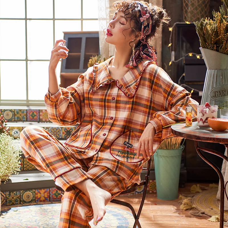 

Pajamas Women's Autumn And Winter Cardigan Sweet Peter Pan Collar Pure Cotton Plaid Set Long Sleeve University Style Cotton Trac