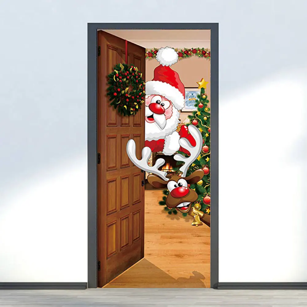 Рождественская декоративная 3D дверная Фреска, наклейка Санта Клаус, настенная художественная, домашний декор, самоклеющаяся Наклейка на стену, отклеивающиеся обои