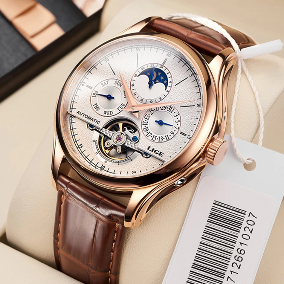 LIGE Брендовые мужские часы автоматические механические Tourbillon спортивные кожаный