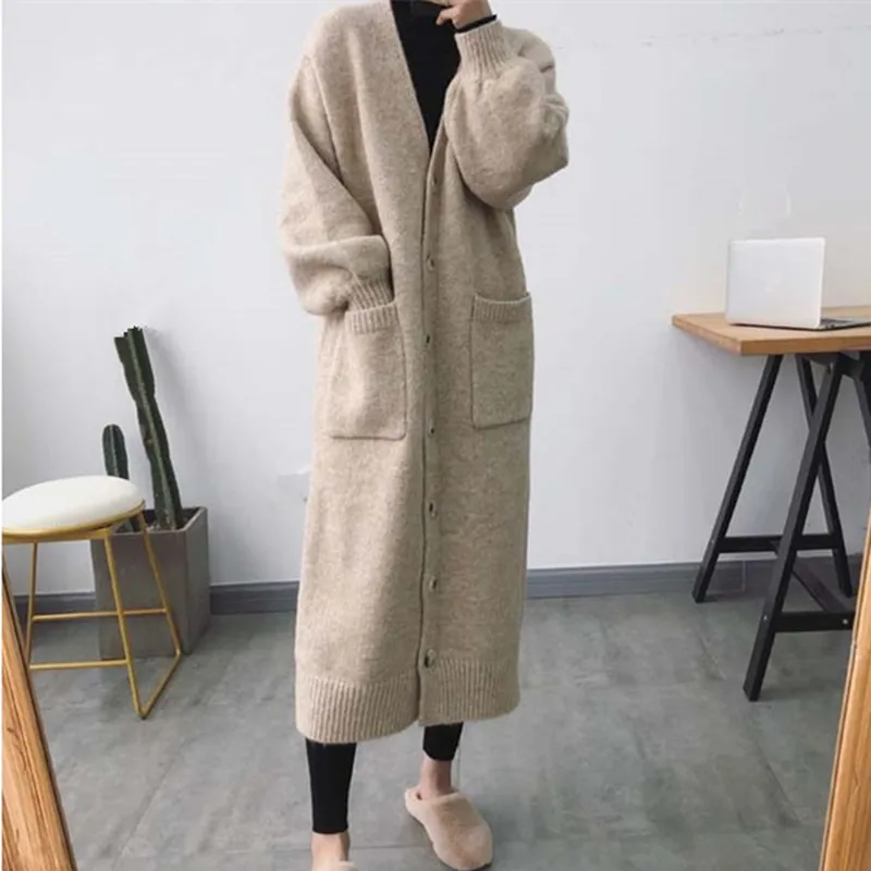 

Women Autumn winter V Neck Long wool Sweater coat Single Breasted Long Sleeve Knitted Cardigan pockets Pull Femme Plus Size