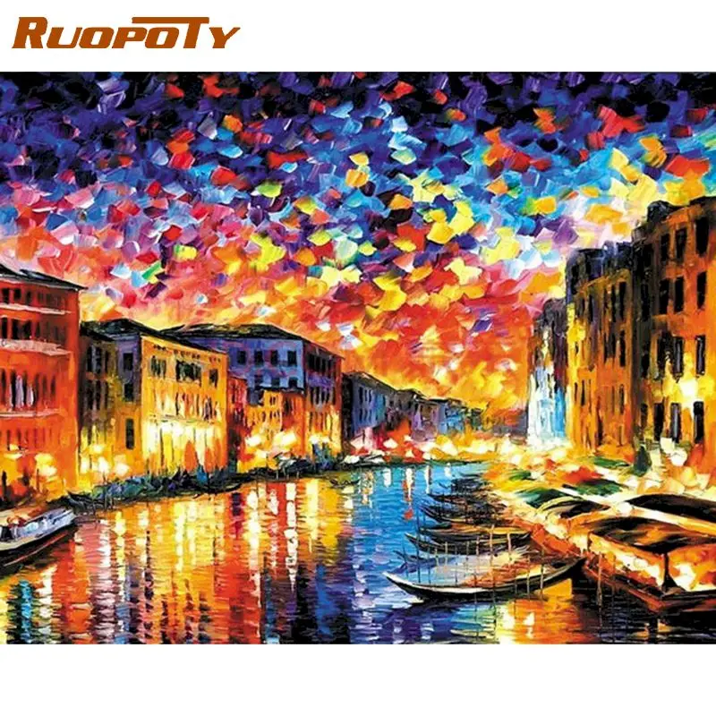 

RUOPOTY Frame DIY Painting By Numbers Venice River Landscape Paint By Numbers For Home Decors Wall Art Picture Gift