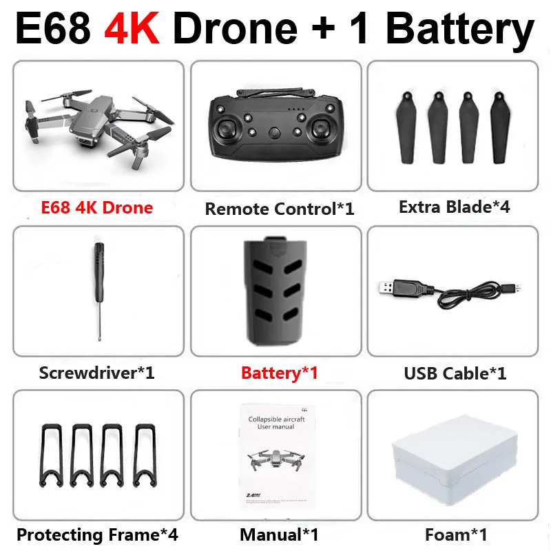 E68 4K 1B Foam E68 WiFi FPV складной Профессиональный Дрон с камерой 4K оптический поток широкоугольный воздушный видео RC Квадрокоптер самолет Квадрокоптер - Цвет: E68 4K 1B Foam
