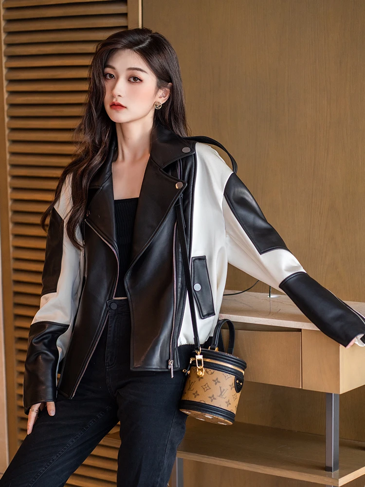 Women\'s Winter Sheepskin Coat Green Black White Splicing  Leather Jackets Coat Autumn loose Locomotive Women Jacket Coats