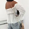 Chiffon Blouses Womens Sexy Off Shoulder Long Puff Sleeve Short Tops Loose Casual Blouse Lady Sexy Hot Sale Ruffle Pleated Shirt ► Photo 3/6