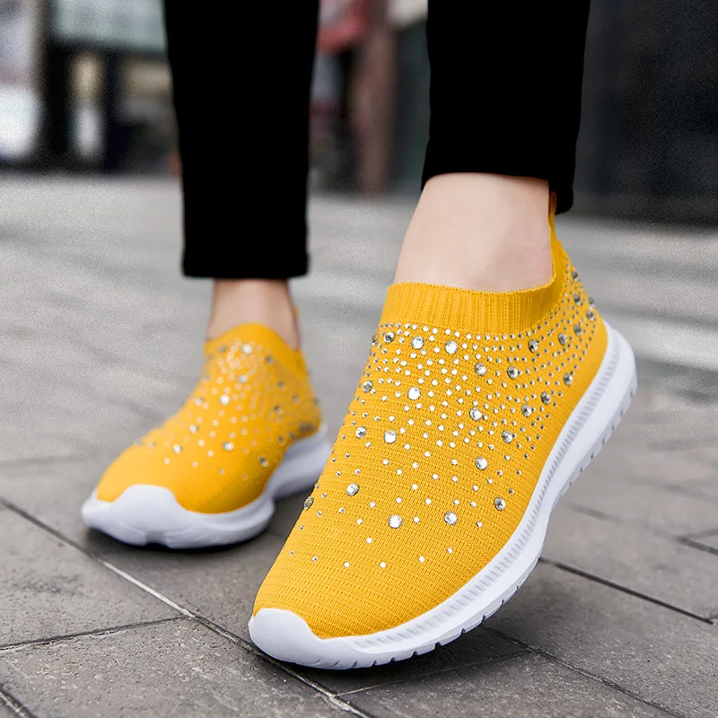 Vulcanized Shoes Sneakers Women Trainers Knitted Sneakers Ladies Slip-on  Sock Shoes Sparkly Crystal Zapatillas Mujer Casual