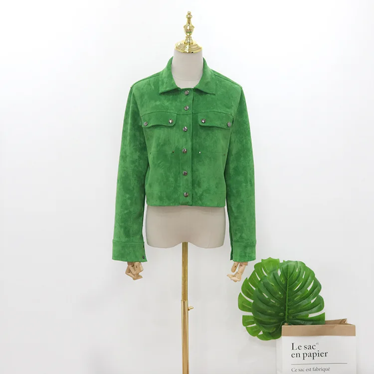 

Green Single Row Buckle Straight Version Deer Leather Velvet Short Coat Jacket Autumn New Woman 2019 Women Jackets and Coats