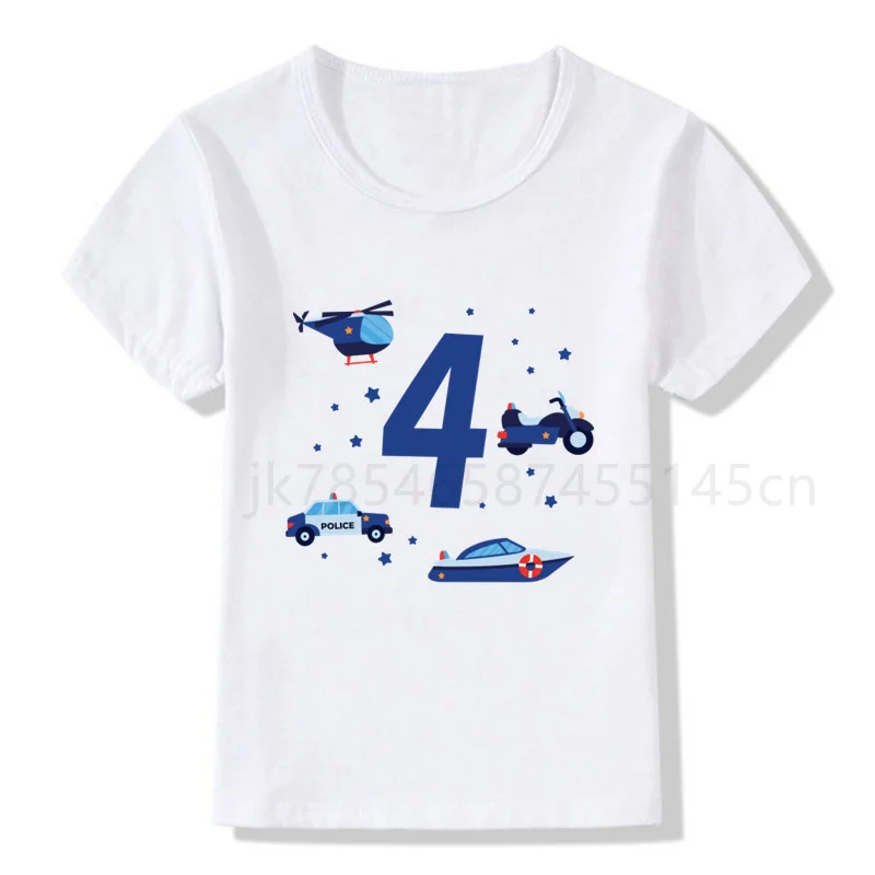 Excavator Forklift Helicopter Birthday Number Print T-shirt Child Police Car Birthday Boy T-shirt Boy Girl Funny Gift T-shirt cute T-Shirts T-Shirts