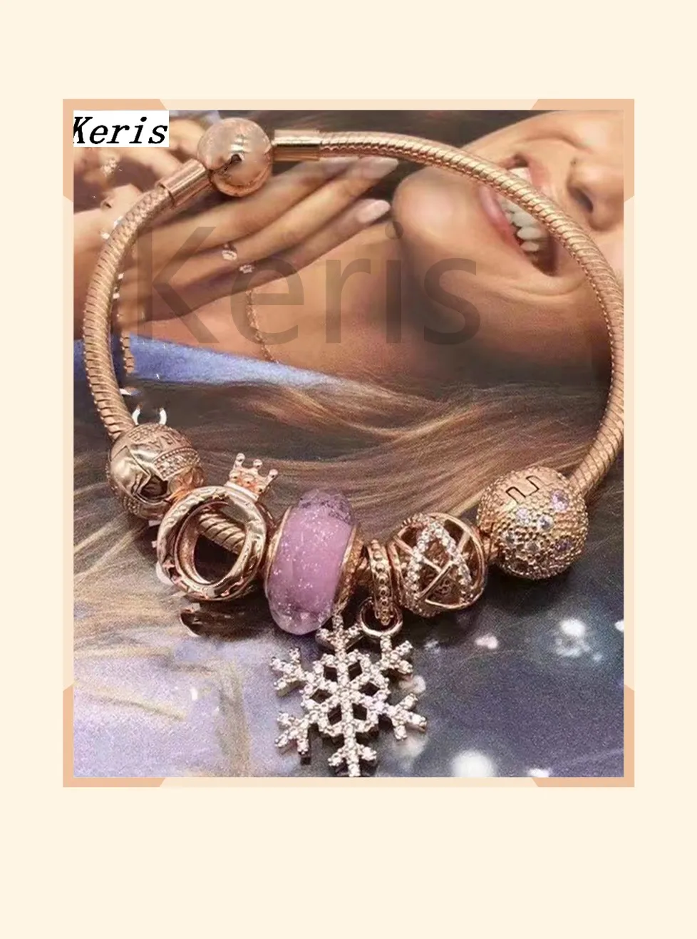 

High Quality Reproduction 1:1 100% Silver Rose Gold Crown Snowflake Pendant Beads Bracelet Free Delivery