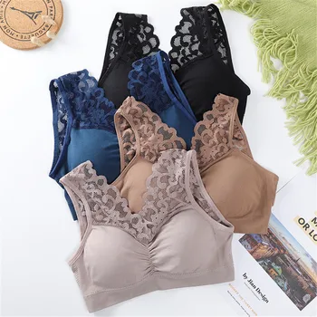 

Women Lace Bra Wide Straps Seamless Underwear Sexy Lingerie Female Intimate Tank Crop Tops With Removable Padded Camisole Femme