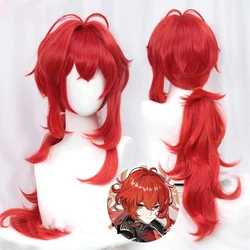 Genshin Impact Diluc Cosplay 60cm Long Red Wig Cosplay Anime Cosplay Wigs Heat Resistant Synthetic Wigs + Wig Cap
