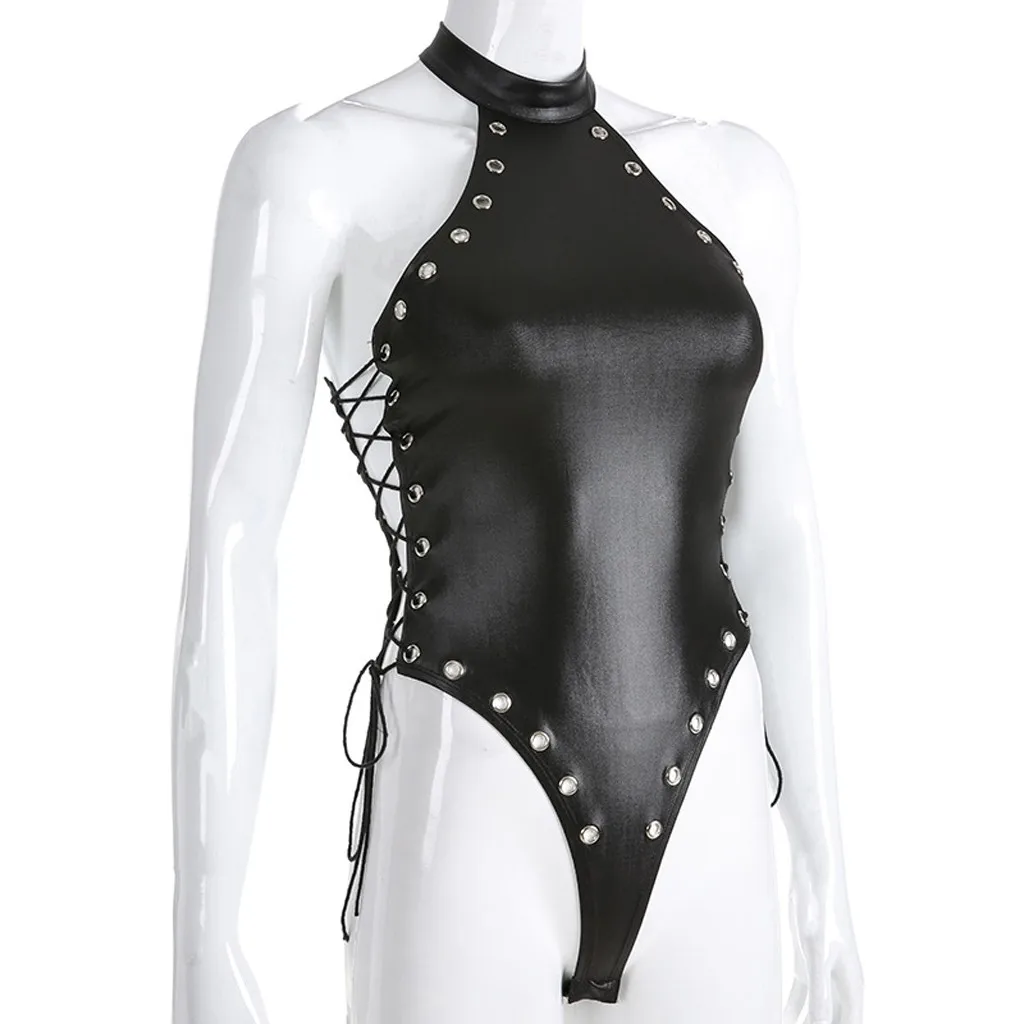 Fashion Summer Leather Buckle Bodysuit Women Clothes Solid Halter Bodysuits Woman Sexy Lace Up Jumpsuits Body Mujer Femme 2020
