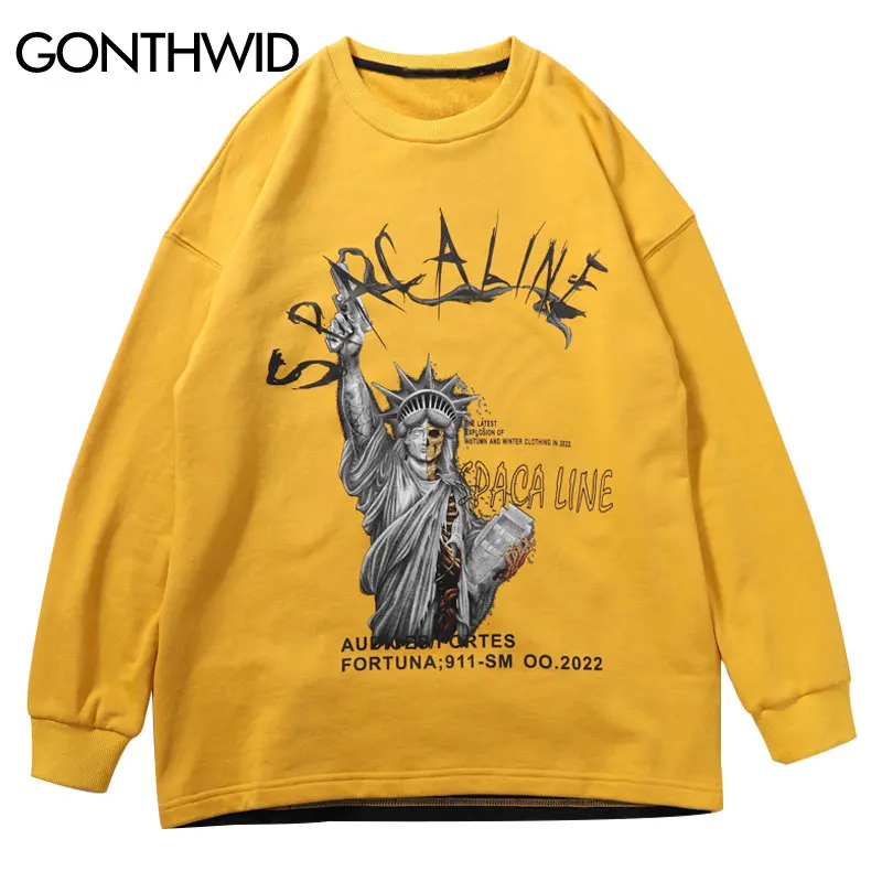 

GONTHWID Funny Statue of Liberty Gun Print Sweatshirts Hoodies Men Hip Hop Punk Rock Pullover Hoodie Tops Streetwear Casual Tops
