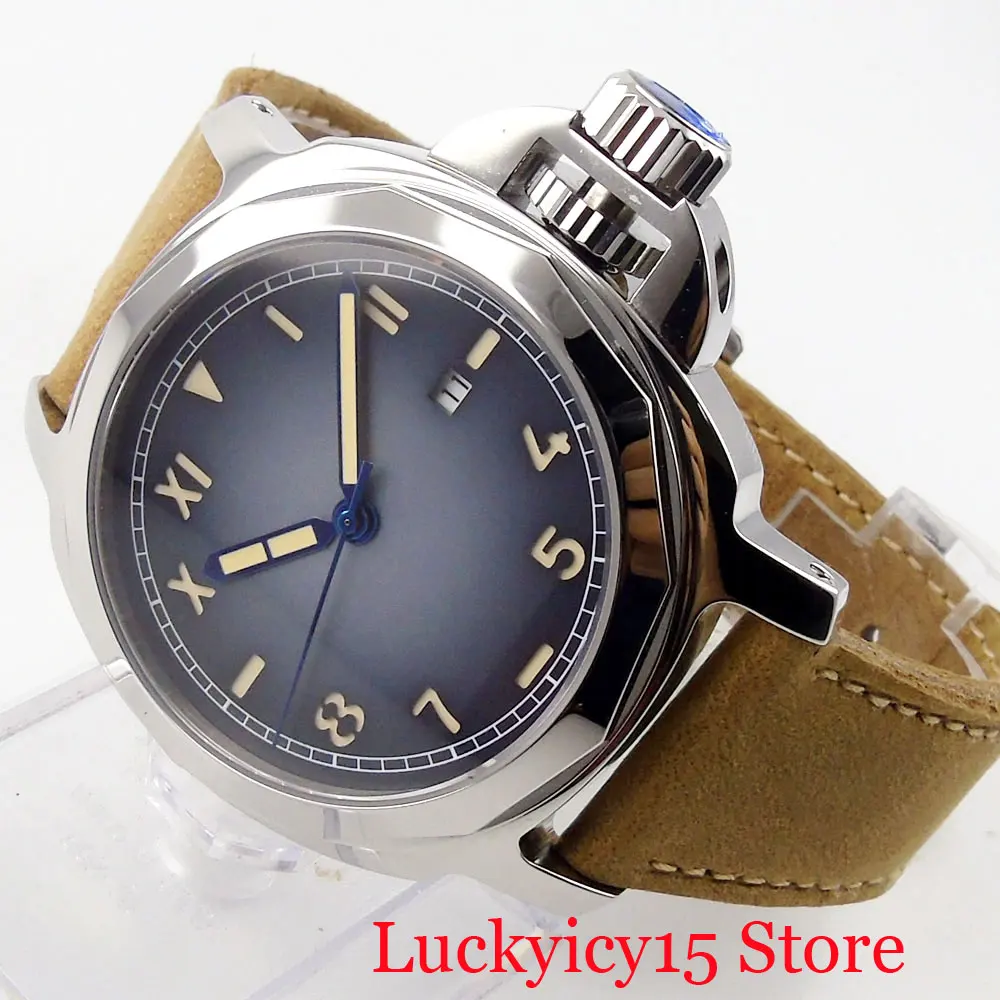 

PARNIS 44mm Mechanical Men Wristwatch Grey Nologo Dial Polished Date Function Protected Crown