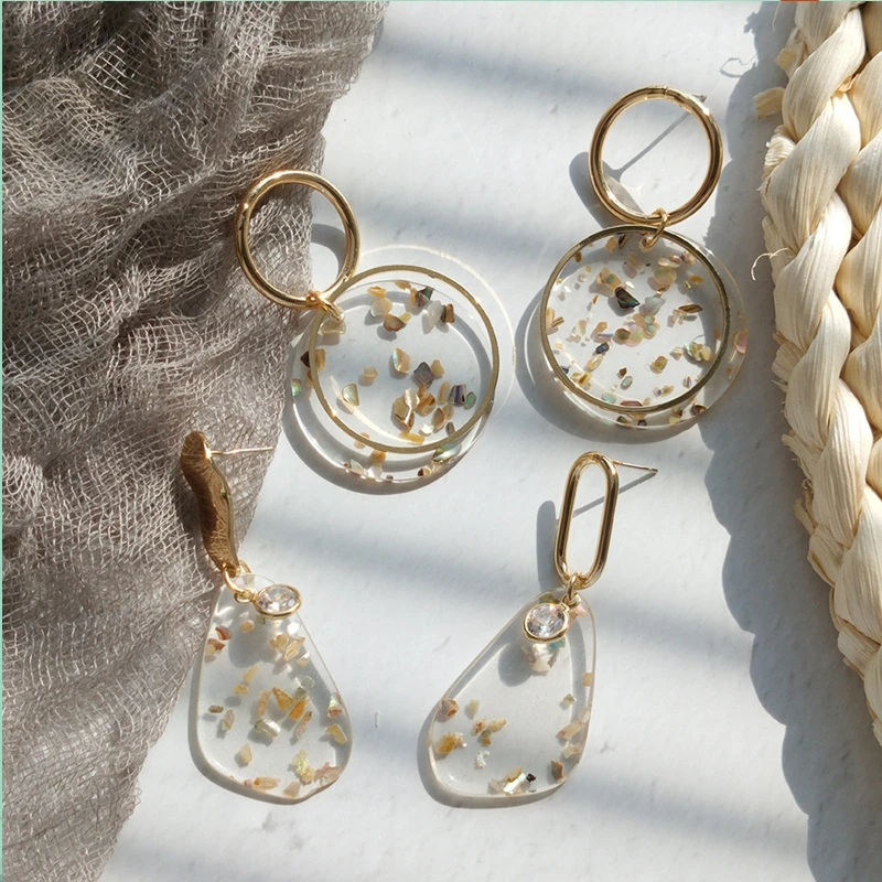 

AOMU 2019 Transparent Resin Circle Round Geometric Irregular Shell Metal Dangle Drop Earrings for Women Girl Party Gift Jewelry