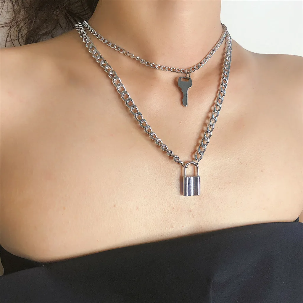 

Fashion Key Padlock Pendant Necklace for Women Gold/Silver Lock Necklace Layered Chain on the Neck Punk Jewelry Gift