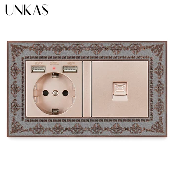 

UNKAS EU Socket With Dual USB Charge Port + RJ11 Telephone Jack 146MM*86MM Hidden LED Indicator 4D Embossing Zinc Alloy Panel