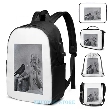 

Tippi Hedren having her cigarette lit by a crow on the set of The Birds USB Charge Backpack men School bags Travel laptop bag
