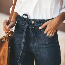 Женские джинсы с высокой талией и широкими штанинами, не тянущиеся брюки, длинные джинсы с карманами, штаны с завязками, синие брюки для женщин