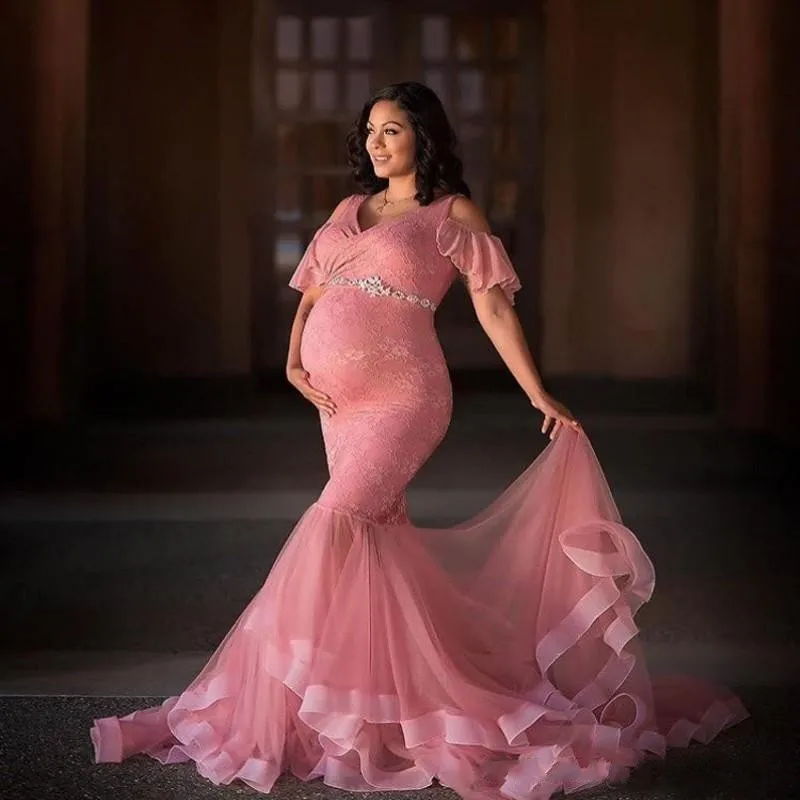 Новые пыльные розовые вечерние платья для беременных женщин с v-образным вырезом с короткими рукавами и кружевами длинное платье для выпускного с бисером поясом - Цвет: same as picture