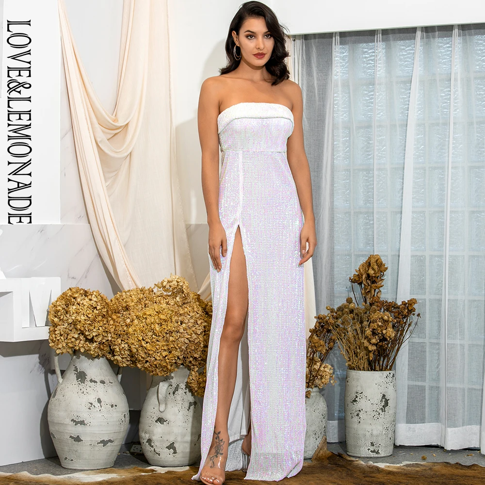 LOVE& LEMONADE, сексуальное Белое платье-труба с оборками и разрезом, эластичные вечерние платья макси с блестками, LM82032