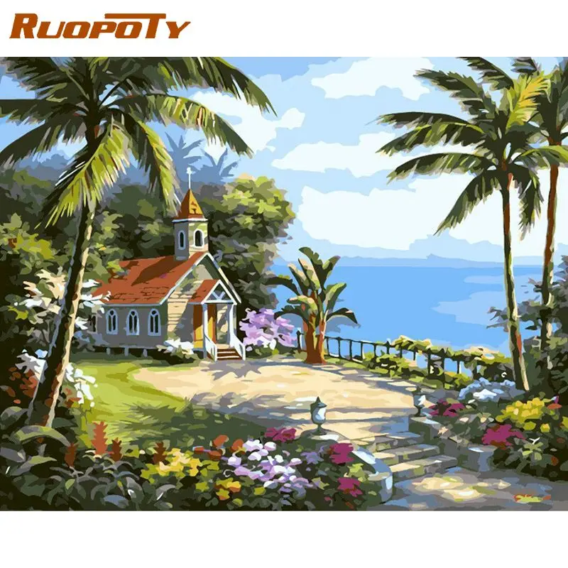 

RUOPOTY Frame Painting By Numbers Coconut Island Scenery Handmade Paint Canvas Picture Home Decoration