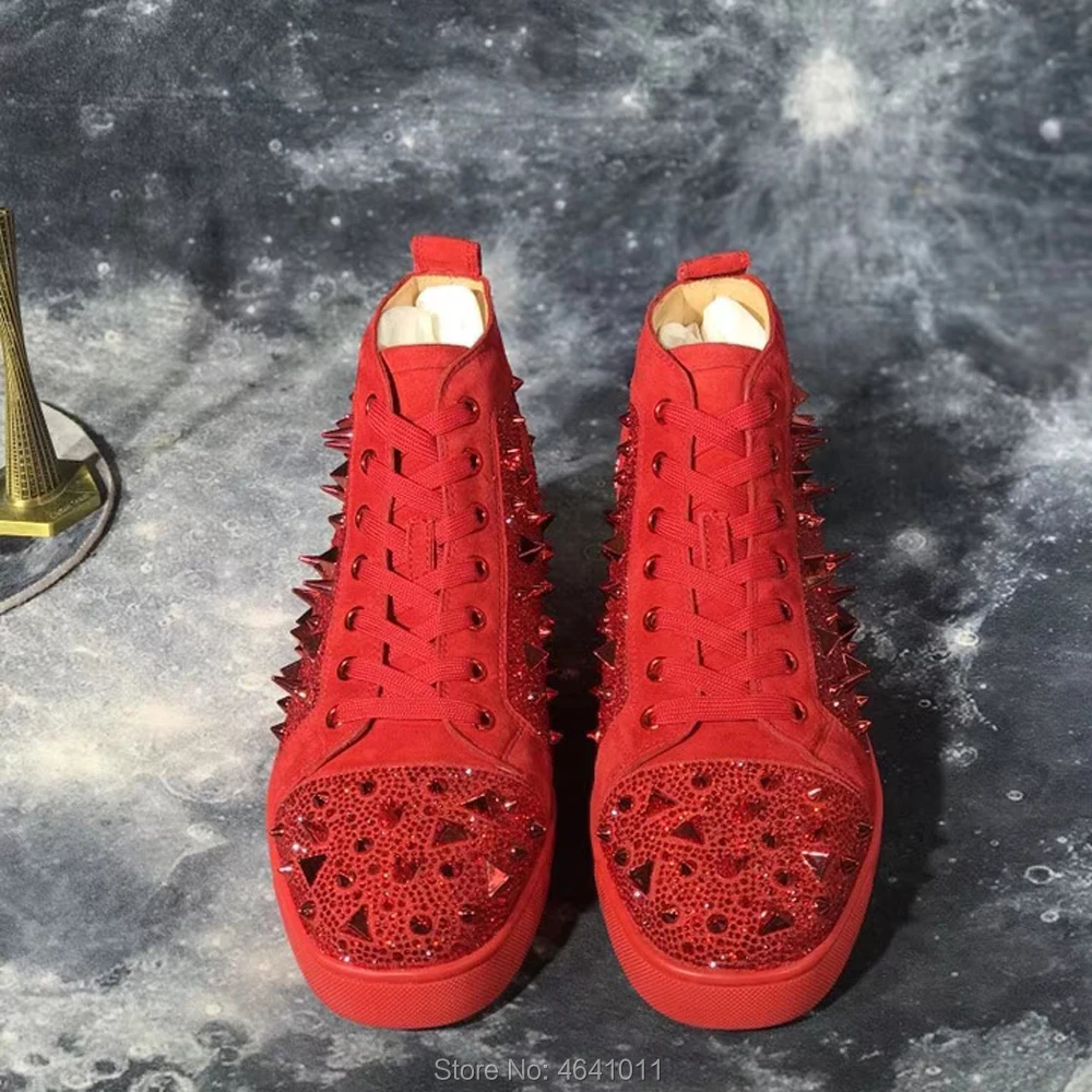 

High top Leisure Shoe cl andgz Red Suede Leather whole Rhinestone Rivet Red bottoms For men Sports Shoes sneakers Flat Loafers