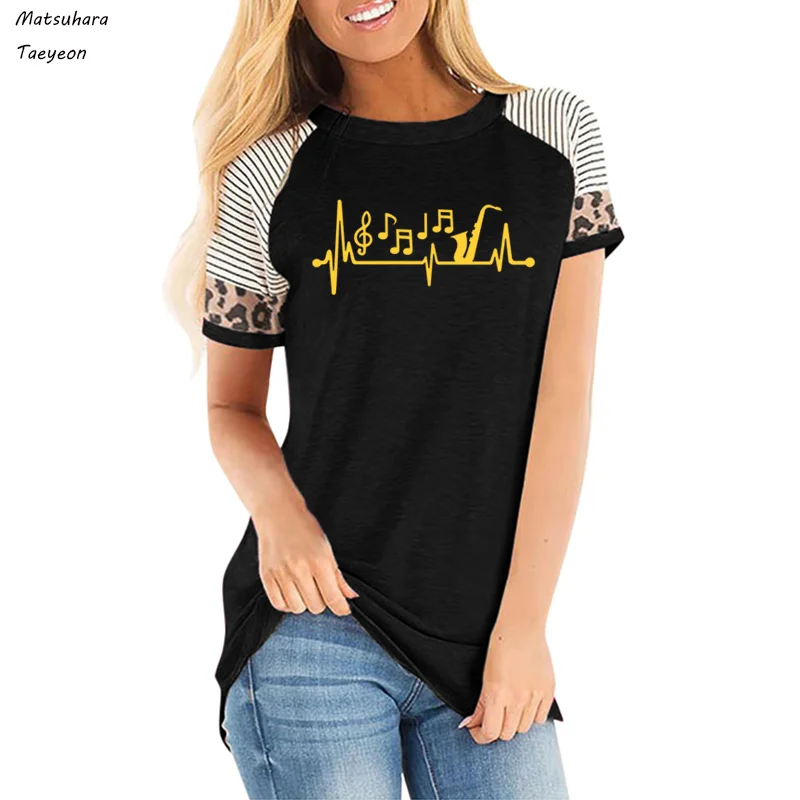 

Sax Saxophone Musical Notes Heartbeat Print T Shirt Women Short Sleeve Summer Rock Girl Tops Black T-shirts Music Teacher Shirt