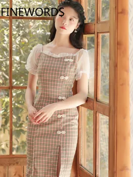 

FINEWORDS Vintage China National Modified Cheongsam Dress Slim Elegant Plaid Dress Puff Sleeve Square Collar Bodycon Party Dress