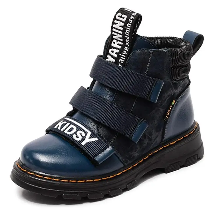 Зимние сапоги наивысшего качества из натуральной кожи; зимняя обувь для мальчиков с плюшевой подкладкой; модные детские ботинки; европейские размеры 26-39 - Цвет: Синий