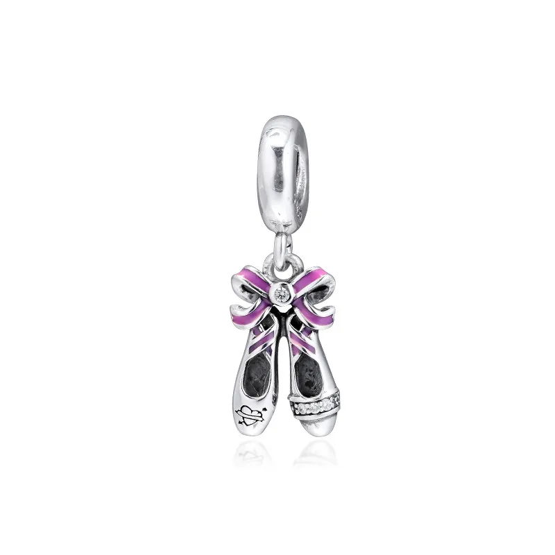 Ballerina-Shoes-Dangle-Pink-Enamel-Bow-Ballet-Girl-Charm-Beads-for-Bracelets-Women-Silver-925-Jewelry