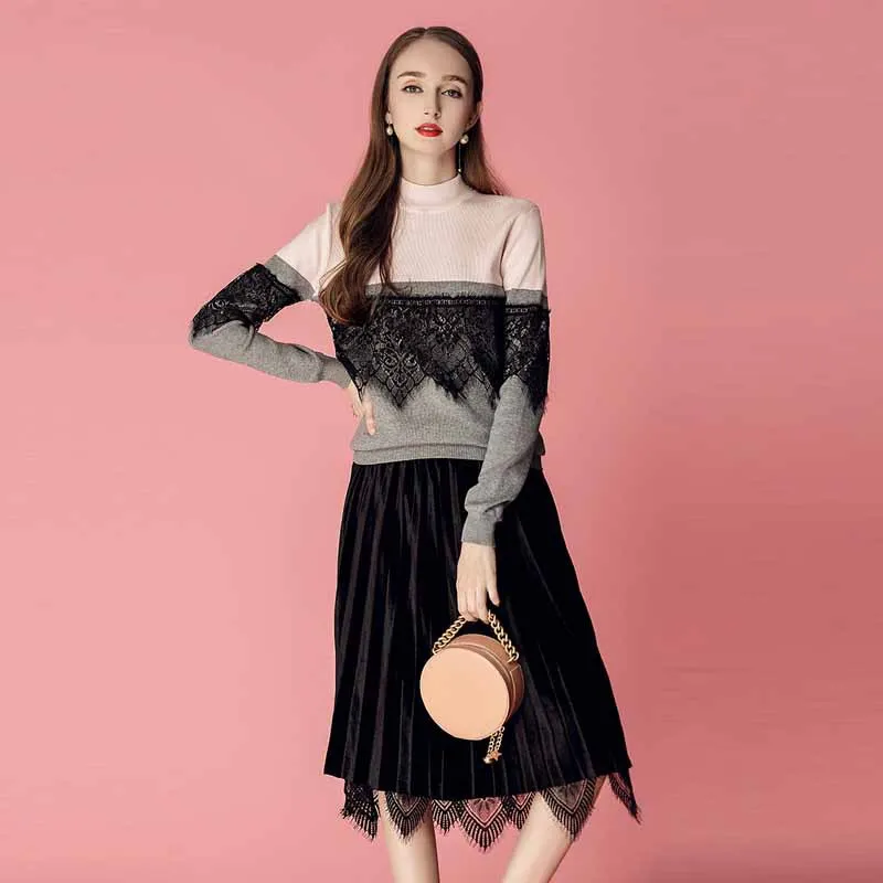 

2018 Autumn And Winter New Style Joint Contrast Color Sweater Sweater + Lace High-waisted Skirt by Age-Style Set Hot Selling