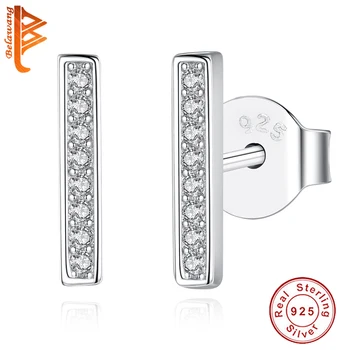 

BELAWANG 925 Sterling Silver Small T Bar AAAA CZ Stud Earrings For Women Punk Earring Jewelry Gift