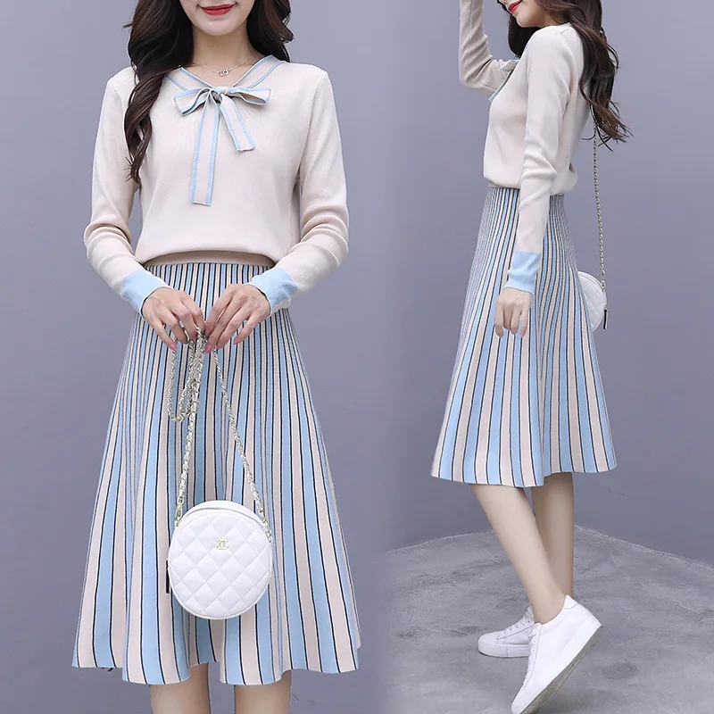 

Fashion Leisure Suit 2019 Autumn New Style Knitted Stripes Slimming Elegant Dress Two-Piece Set Popular Skirt