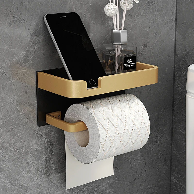 

Bathroom Paper Holder Space Aluminum Roll Holder Phone Black Gold Shelf Mobile Phone Towel Rack Toilet Paper Holder Tissue Box