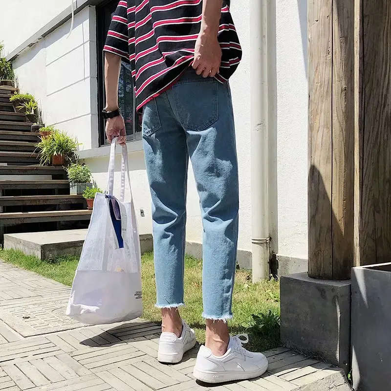 Reviews Summer Jeans Men's Slim Fashion Washed Solid Color Casual Straight Jean Pants Men Streetwear Wild Hip Hop Denim Trousers Mens