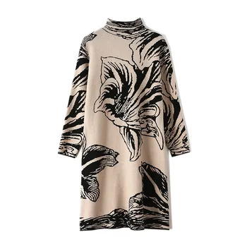 

2020 Autumn Spring Women Sweater Dress Loose Floral Embroidery Long Sleeves bottoming Midi Knitted Vestudos
