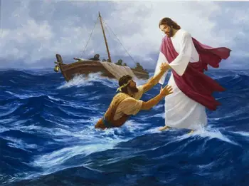 

Artist's perfect Impressionist hand painted art painting on canvas: Christ Jesus prays to save the victims of the sea
