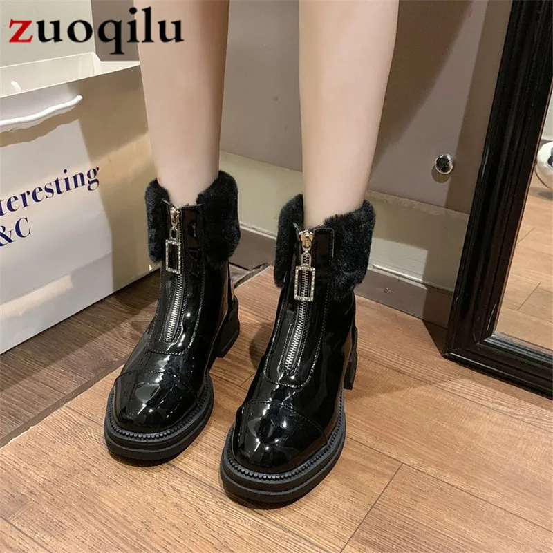 women's winter boots high-top platform shoes Martin boots female platform boots chunky Square heels black ladies boots