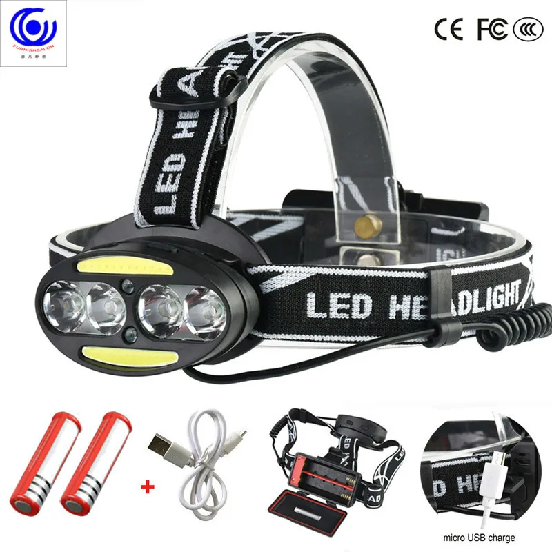 

Headlight high brightness headlamp 4* T6 +2*COB+2*Red LED Head Lamp Flashlight Torch Lanterna with batteries charger headlamps