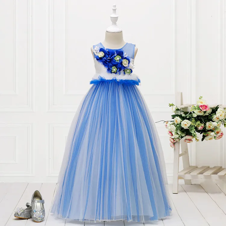 Skyyue Flower Girl Pageant Dresses for Wedding Red Yellow Elegant O-Neck Ball Gown Bow Belt Kid Party Communion Dress 151 - Цвет: Blue