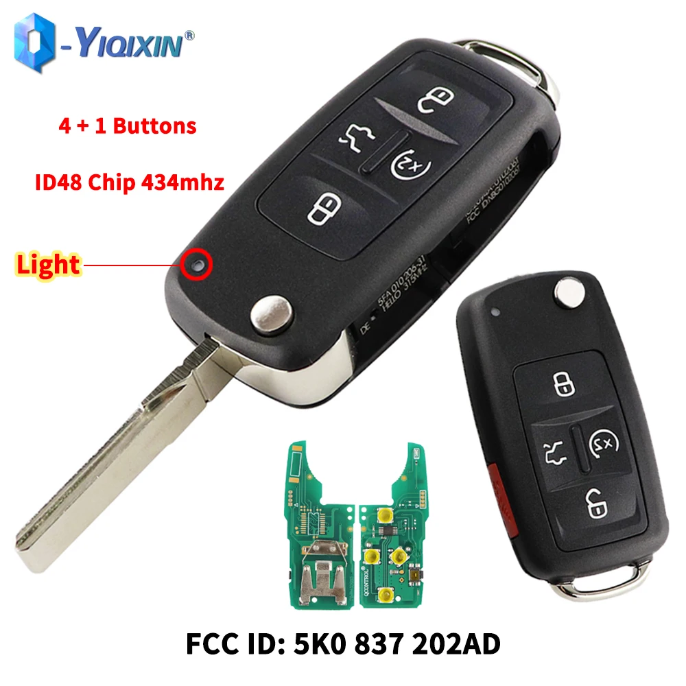 YIQIXIN For VW 4+1 Button Flip Remote For Volkswagen Sharan Multivan T5 Caravelle MPV 434mhz ID48 Chip Car Smart Key 5K0837202AD