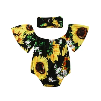 

2020 Newborn Baby Girl Summer Clothes Sunflower Print Off Shoulder Romper Sunsuit Headband 2pcs Outfits Set