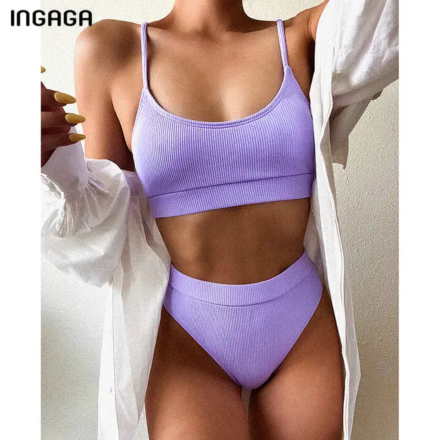 INGAGA High Waist Bikinis Swimsuits Women Push Up Swimwear Ribbed Strap Bathing Suit Biquini Brazilian Bikini 2021 New Beachwear 1