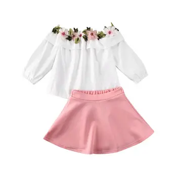 

New Toddler Baby Girl Clothes Sets Long Sleeve Flower Off Shoulder Top+ A-Line Skirt Outfit 1-6Y