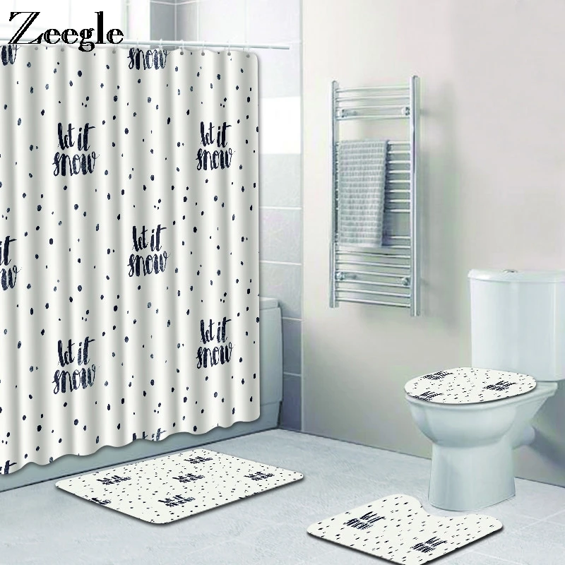 Zeegle 4Pcs Bath Mat Set Waterproof Shower Curtain Anti Slip Polyester Toilet Seat Cover Mat Absorbent Pedestal Rug Toilet Set