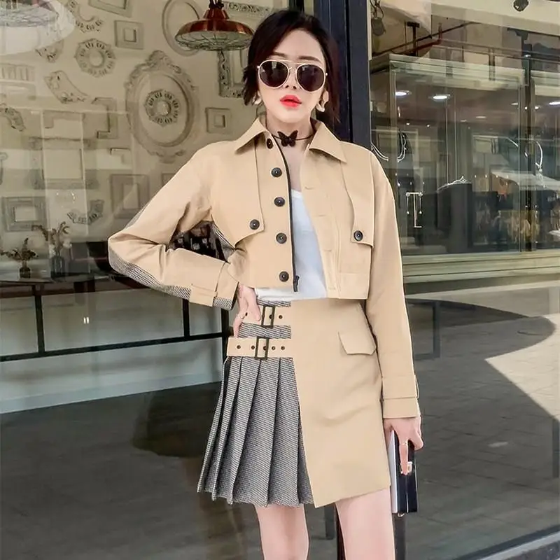 Nieuwe Lente Herfst Vrouwen Streetwear Tweedelige Set Effen Korte Jas Jas En Plaid Geplooide Rok Set Casual Vrouwelijke Pak